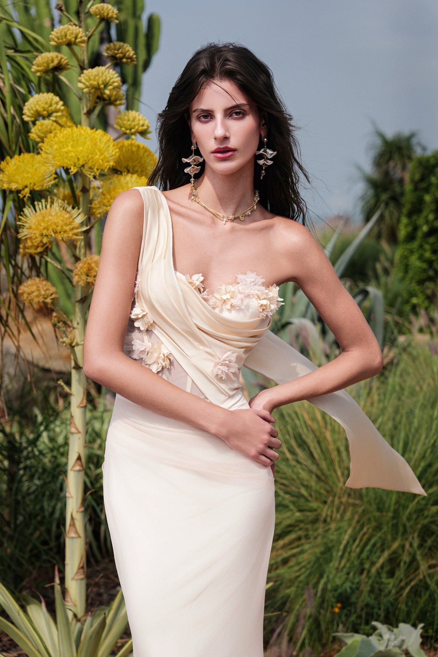 SHEERLUCK Sexy Vacation Brown Sculpt Flower Fish-tail Maxi Dress