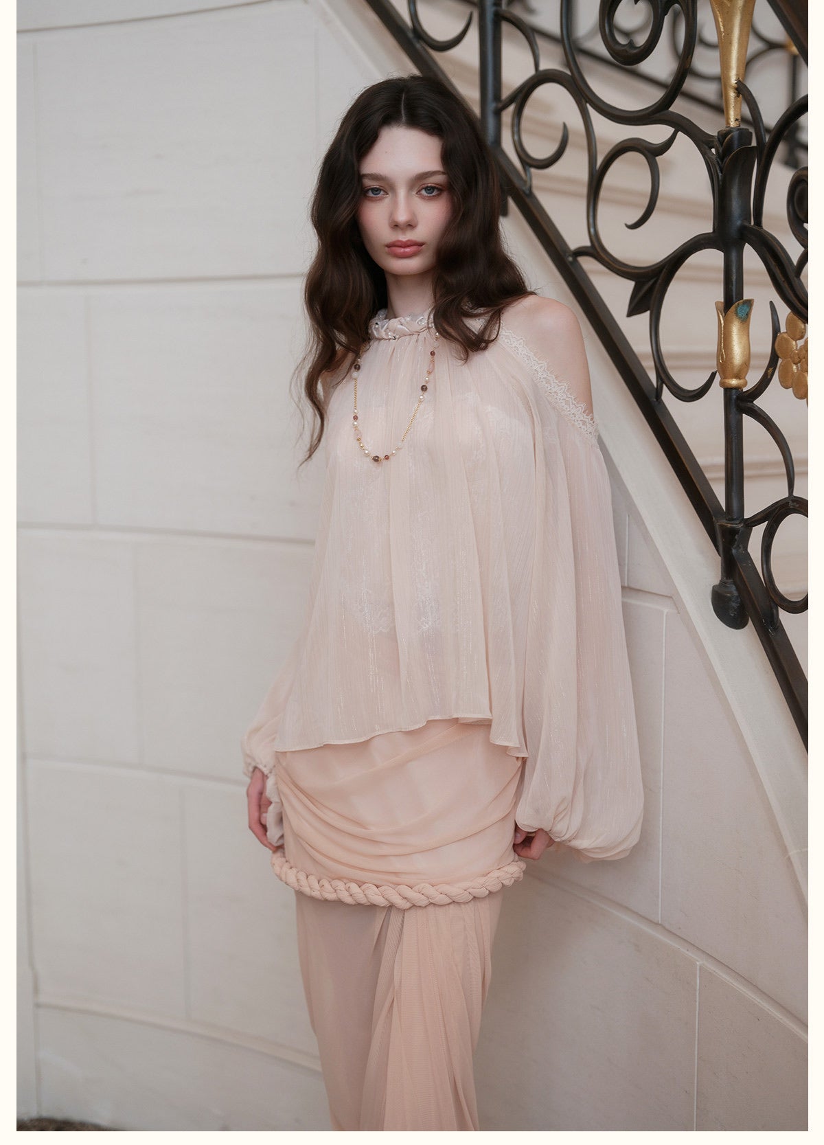 Cream Halter Off-Shoulder Lantern-Sleeve Metallic Shirt