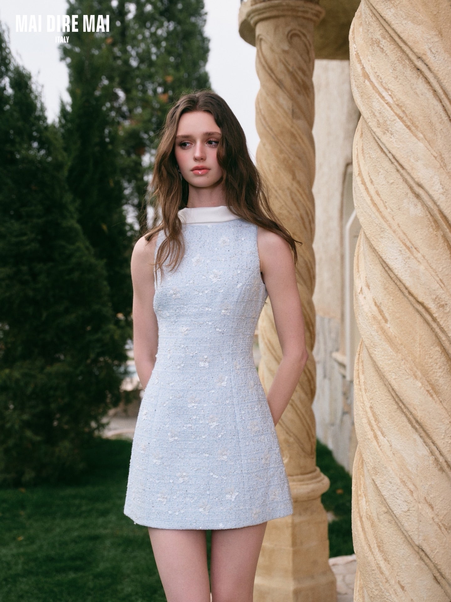 MAI DIRE MAI Sweet Elegant Blue High-neck Tweed Mini Dress