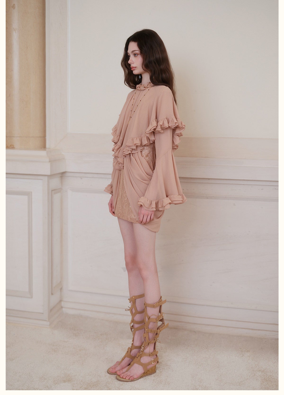 Black High-Neck Beaded Ruffle Bell-Sleeve Chiffon Overlay with Lace Mini Dress