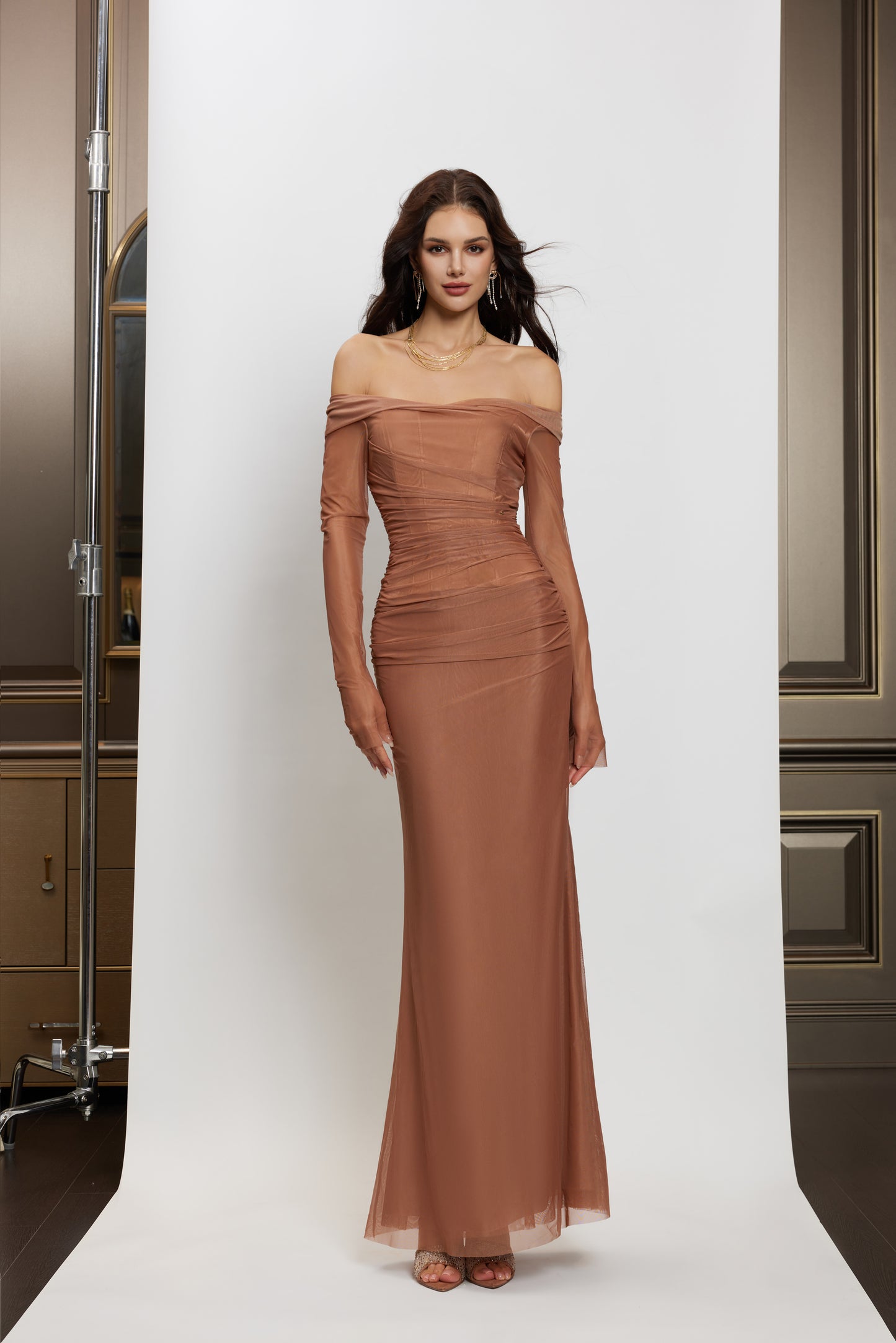 SHEERLUCK Pink & Nde & Brown Fishbone maxi dress