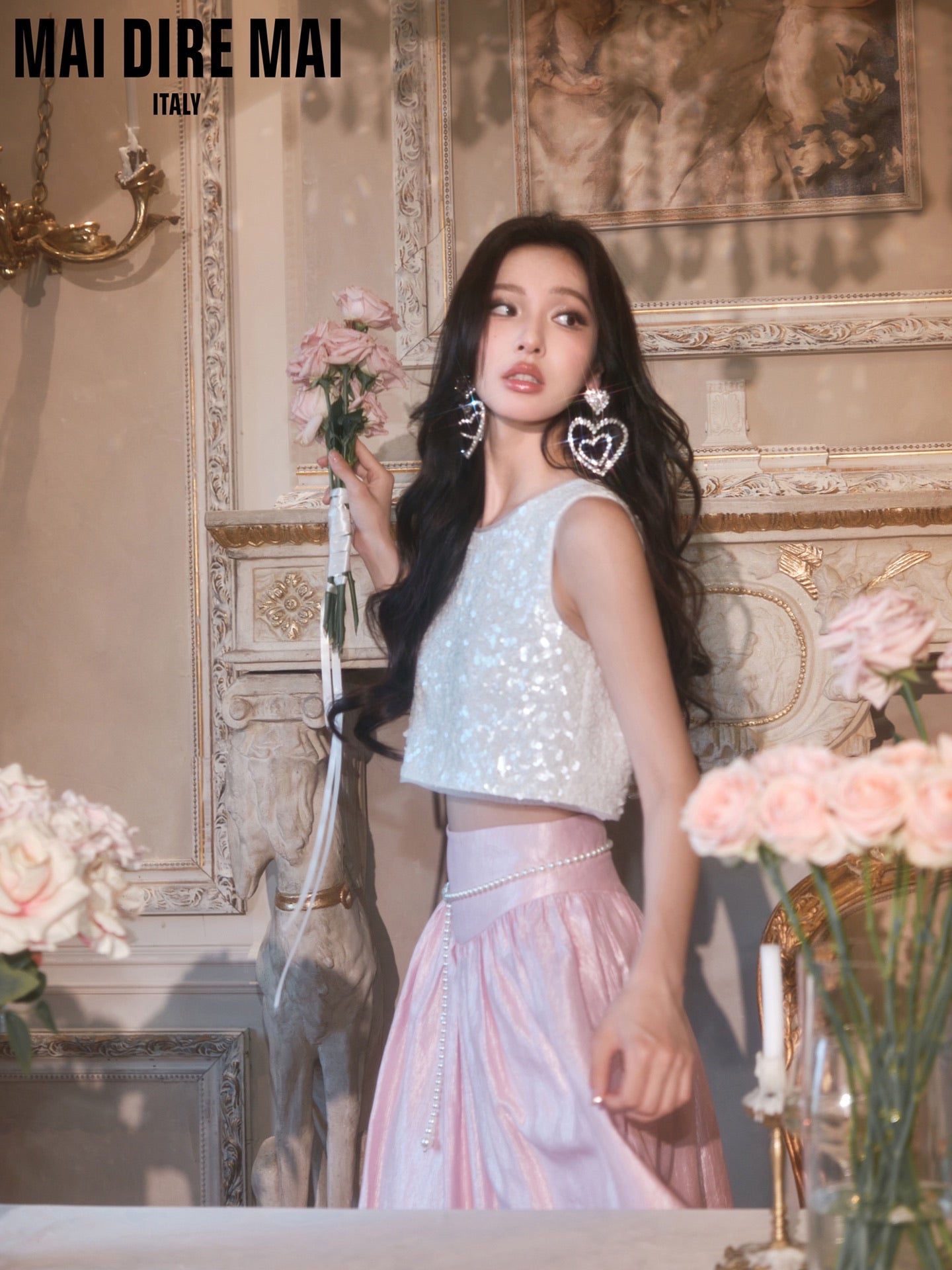 MAI DIRE MAI White Vacation Bow Sequins Top & Pink Skirt