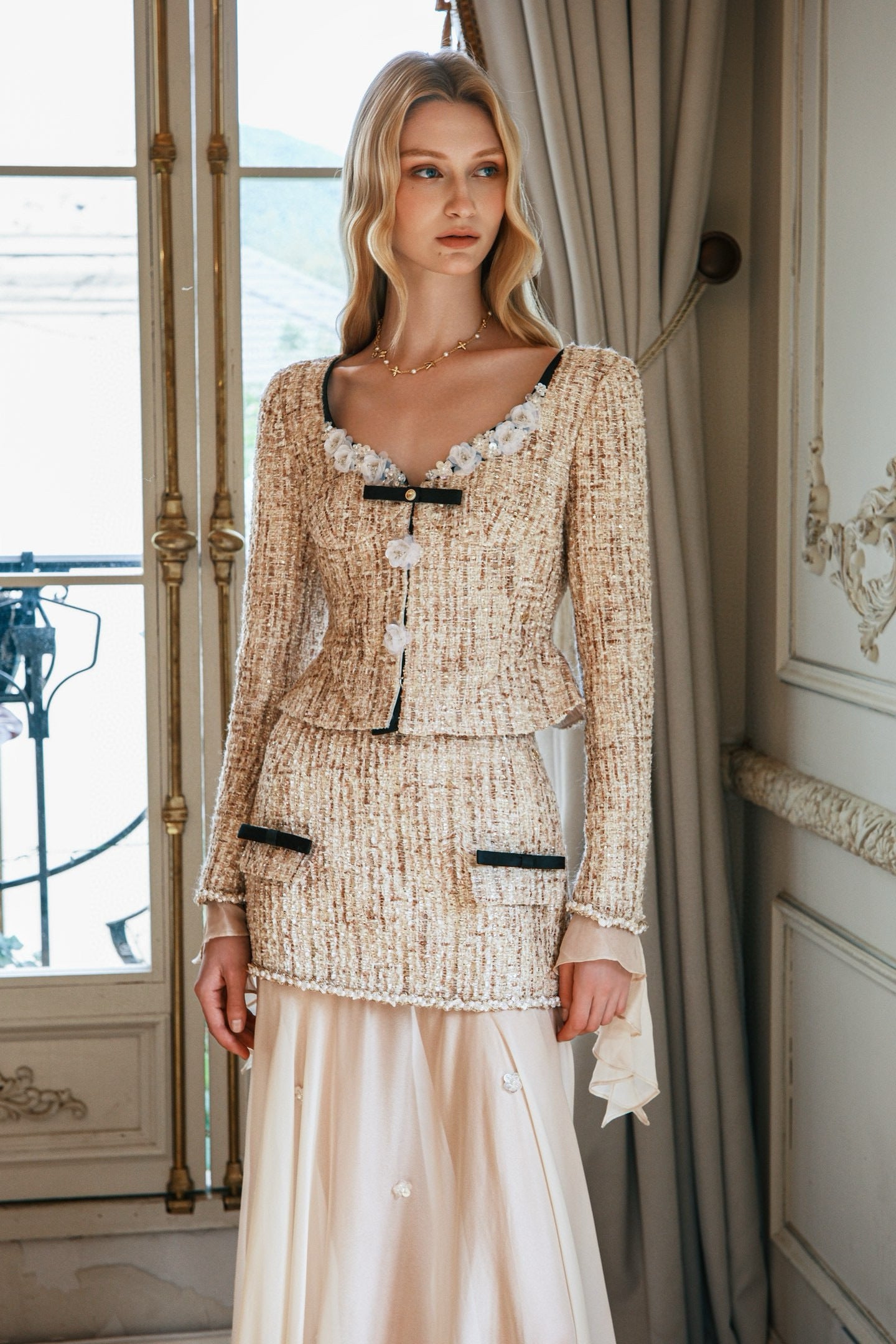 SHEERLUCK Formal White Coat & Midi Skirt