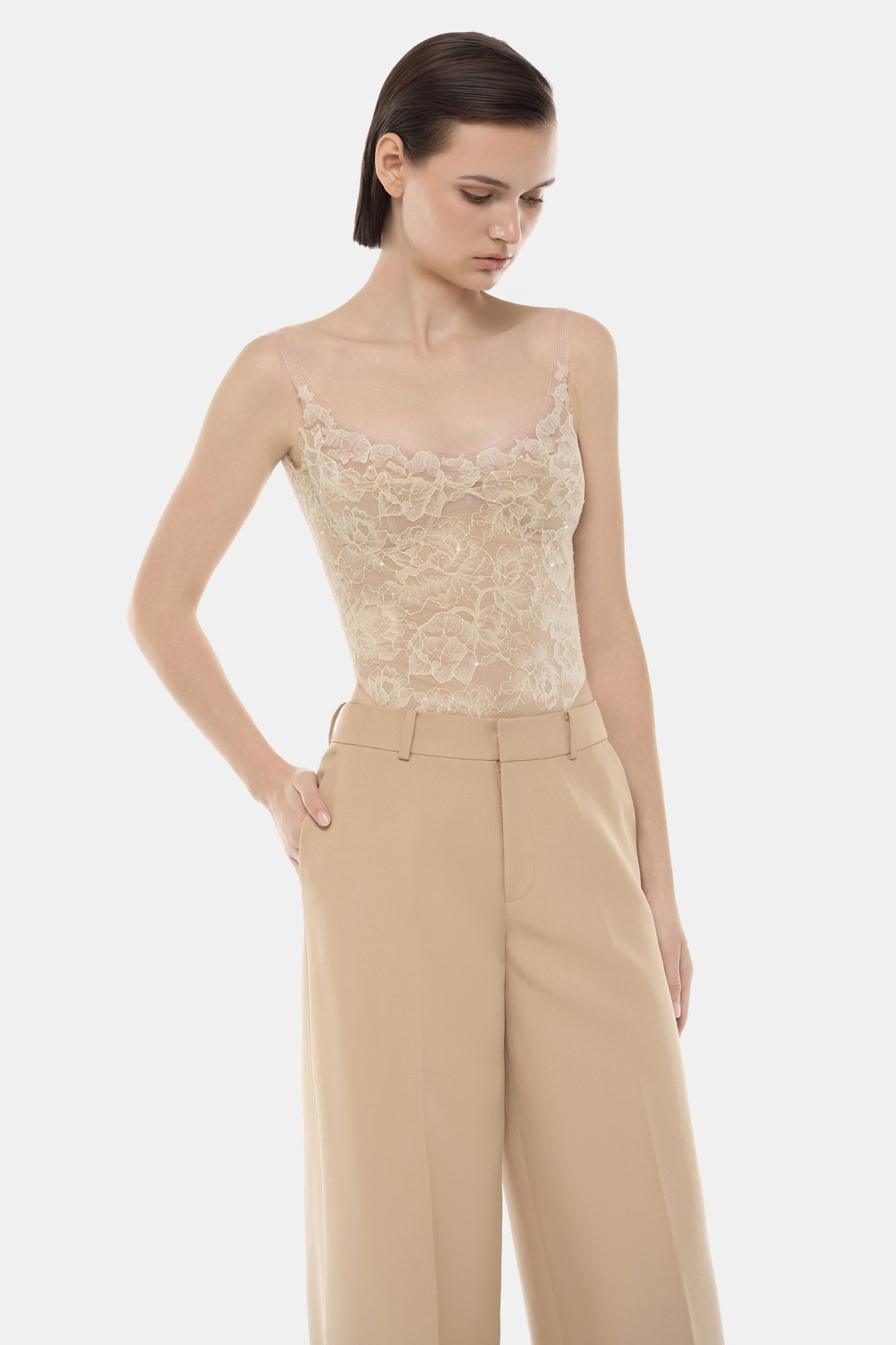 MONTSAND Nude Vacation Elegant Sheer Lace Top