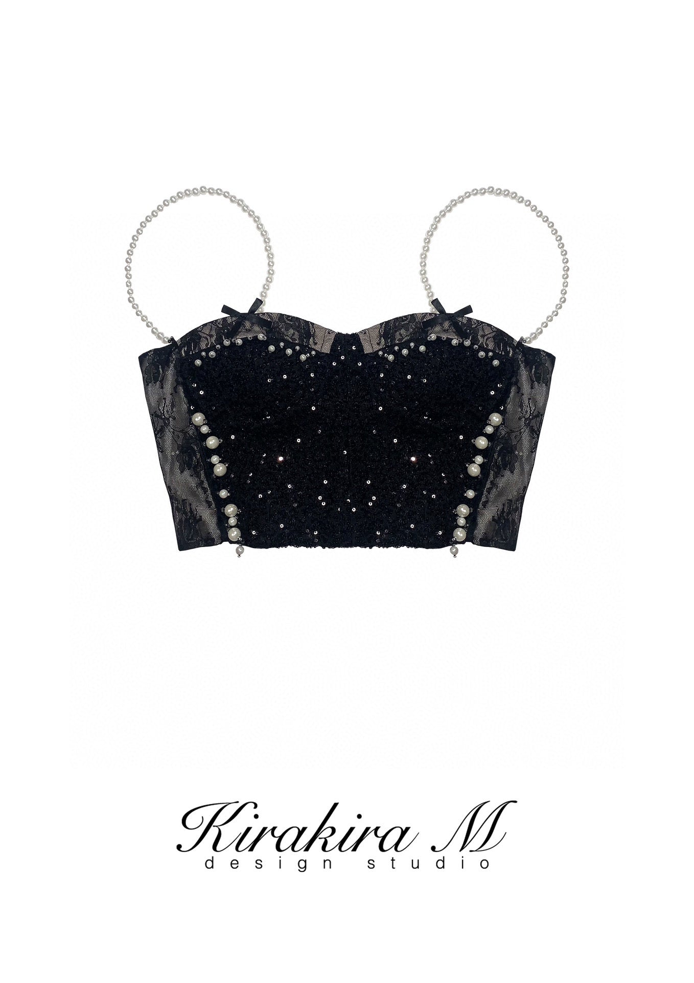 KIRAKIRA M Black glitter laced top and short with pearls detail