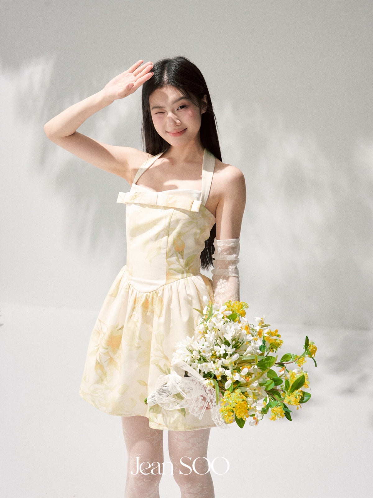 Yellow Ink Floral Halter Strapless Bow A-Line Mini Dress