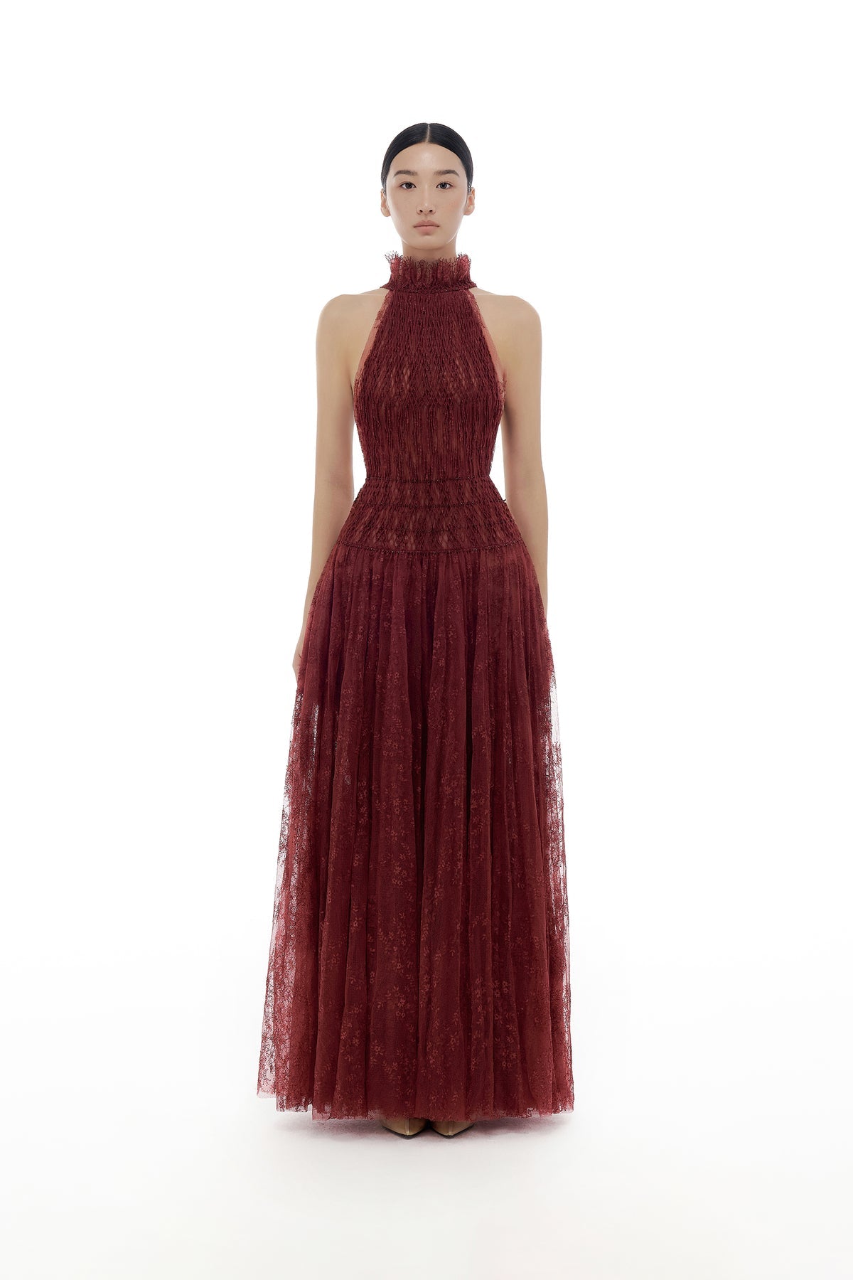 MONTSAND Burgundy Red Smocked Lace Maxi Dress Hadlyn MONTSAND Burgundy Red Smocked Lace Maxi Dress Hadlyn