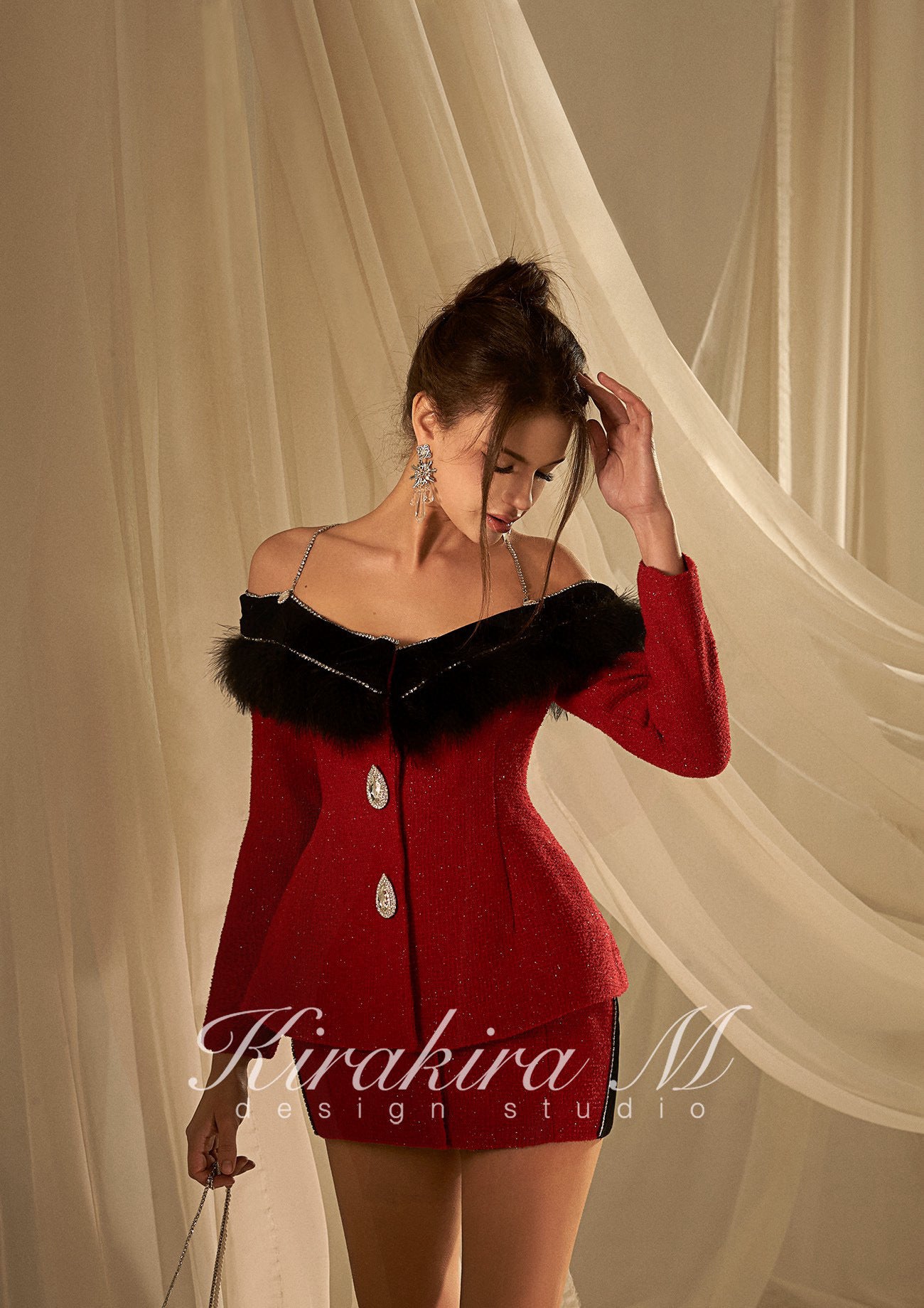 KIRAKIRA M Red tweed off shoulder coat mini dress with feather detail