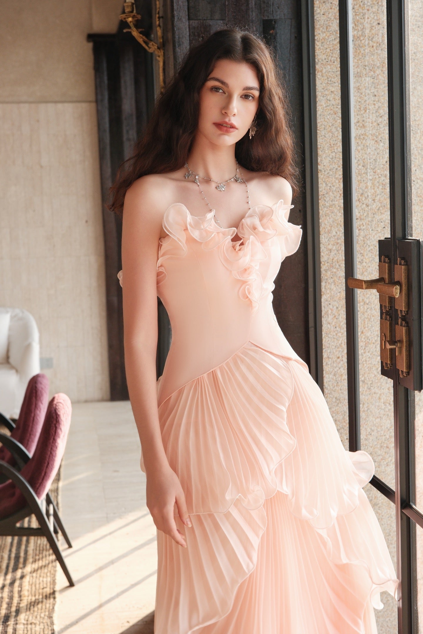 SHEERLUCK Sweet Vacation Pink Venetian Pleated Subtle Pearl-Effect Shimmer Maxi Dress