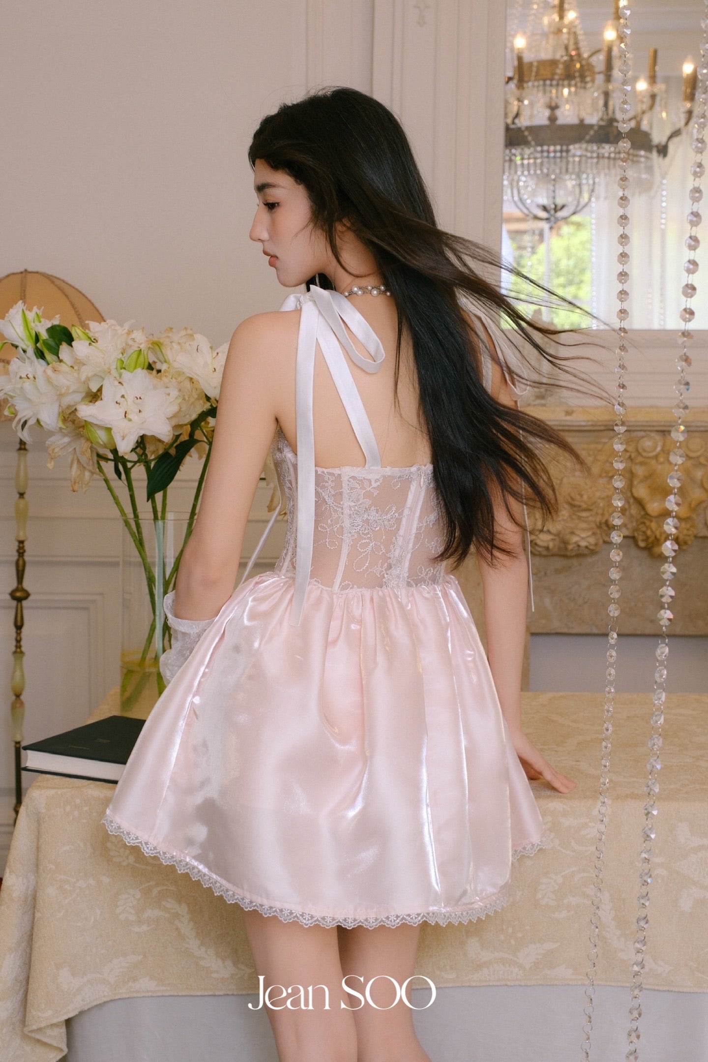 JEAN SOO Sweet Vacation Pink Lace Bow Mini Dress