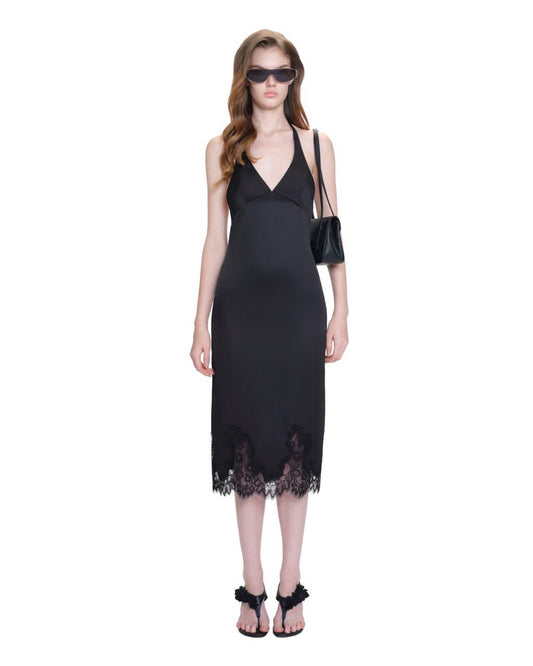 Black Halter Deep-V Satin Gelles Midi Dress