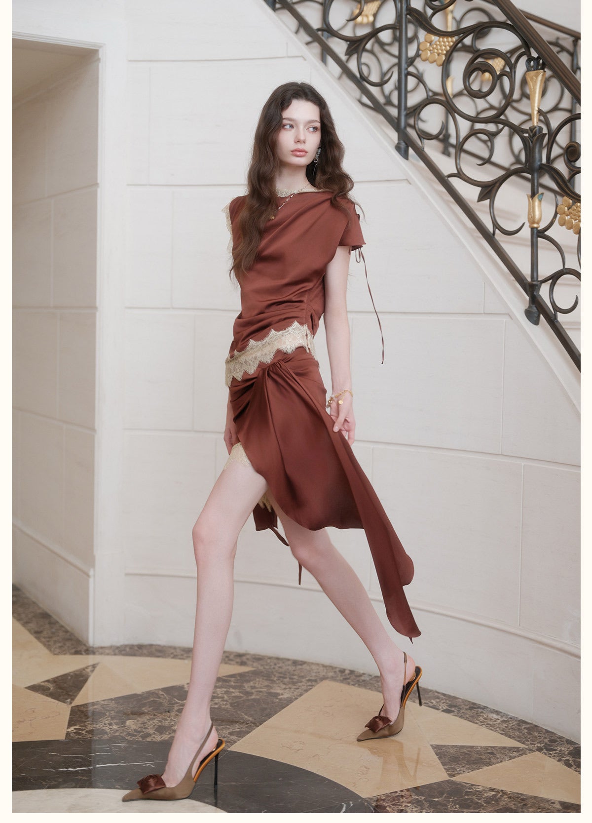 Blue Short-Sleeve Draped Satin Lace-Trim Twist Asymmetric Top & Mini Skirt