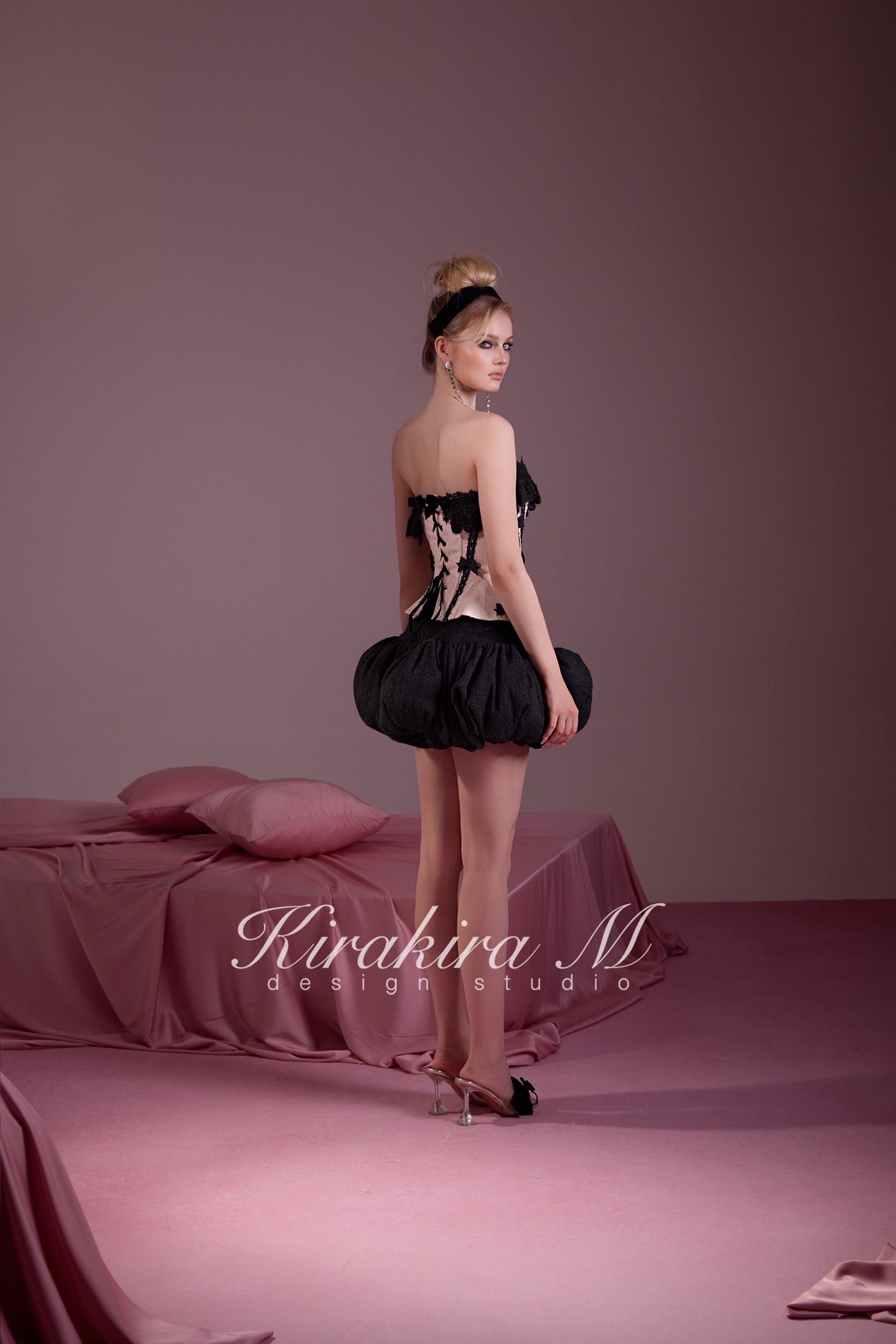 KIRAKIRA M Pink Cinched Waist Drawstring Top & Black Knitted Low-Waisted Bubble Skirt