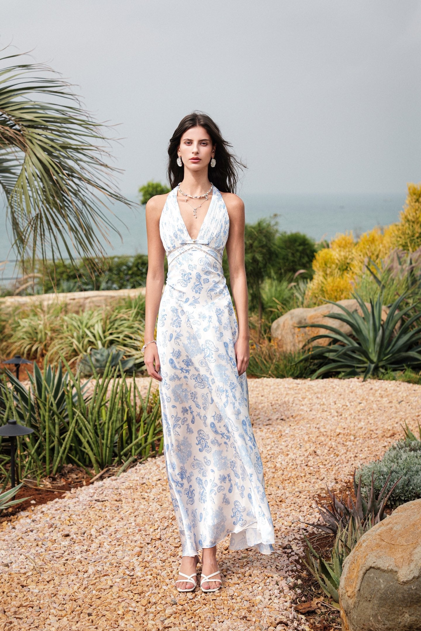 SHEERLUCK Sweet Vacation Floral Verdant French V-neck Halter-neck Maxi Dress