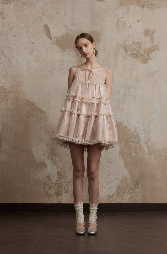 Pink Bow Multi-Layer Lace Cake Mini Dress