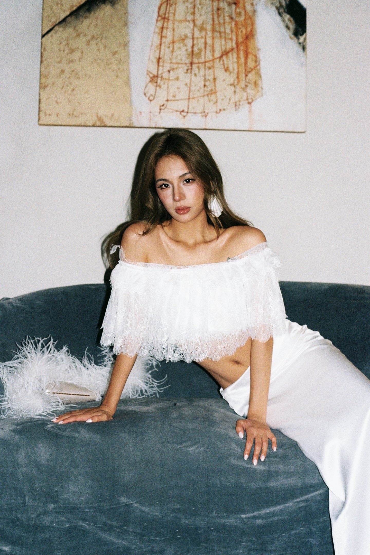 MINPURA White Spitzen-Oberteil Mit Top & Silky Skirt