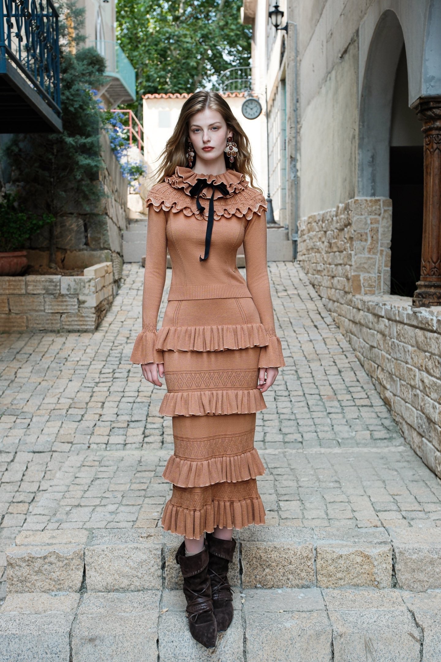 SHEERLUCK Brown Ribbon Vintage Ruffled Knitted Top & Skirt