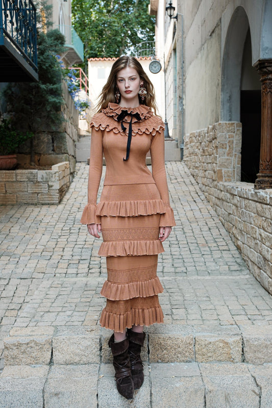 SHEERLUCK Brown Ribbon Vintage Ruffled Knitted Top & Skirt