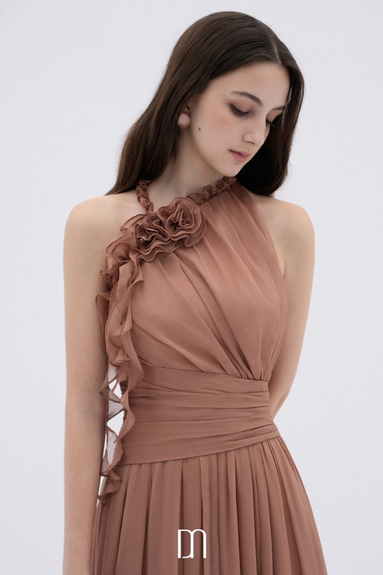DENIOVN Elegant Fairycore Brown Mireille Halter Neck Maxi Dress
