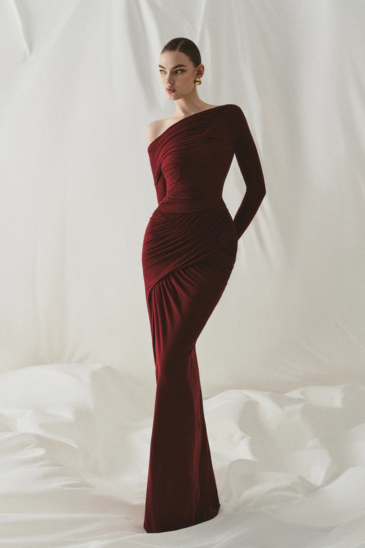 CICI Red Elegant Vacation Virella One-shoulder Maxi Dress