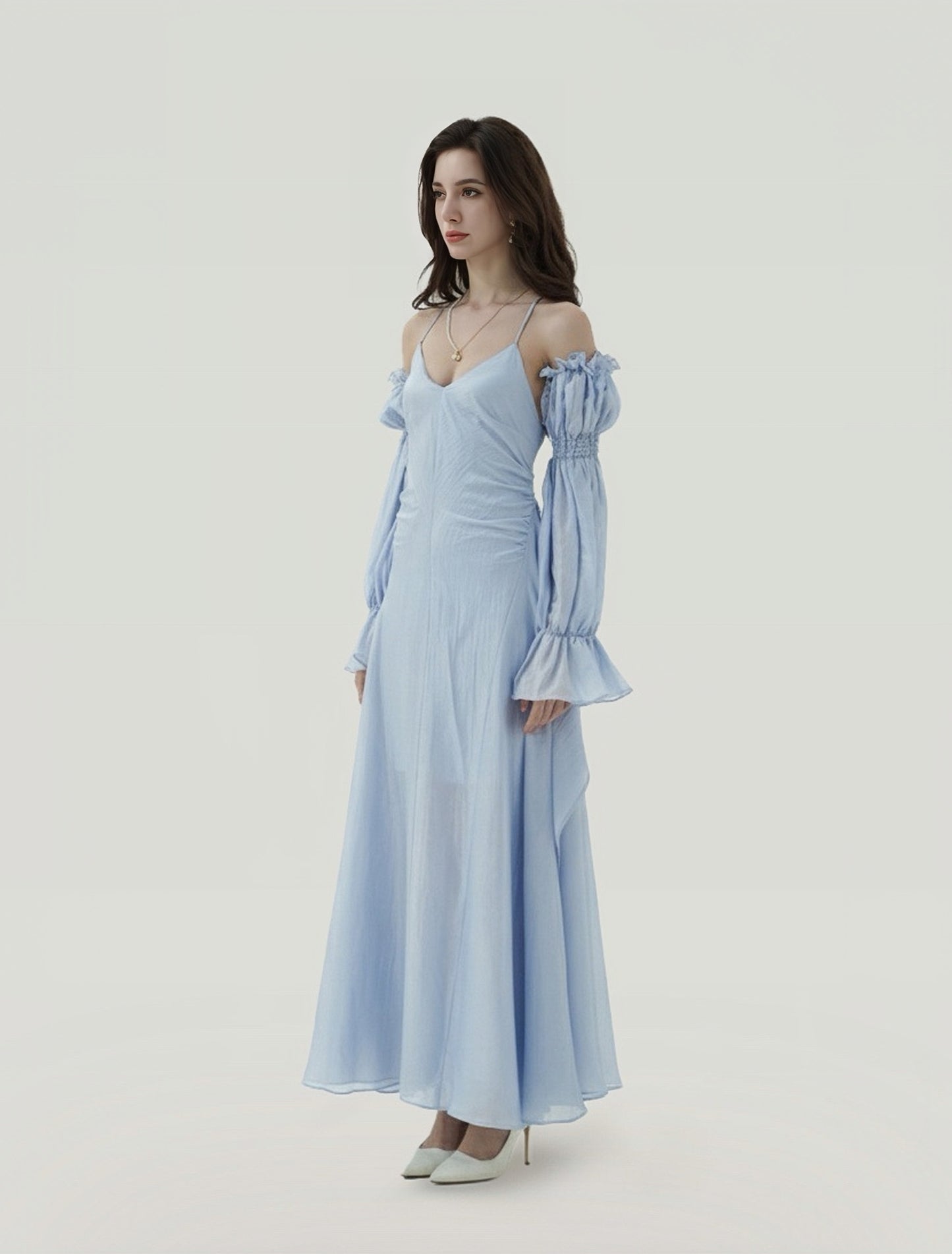 CROWCREW Dark Avant-Garde Vacation Blue Maxi Dress With Sleeves