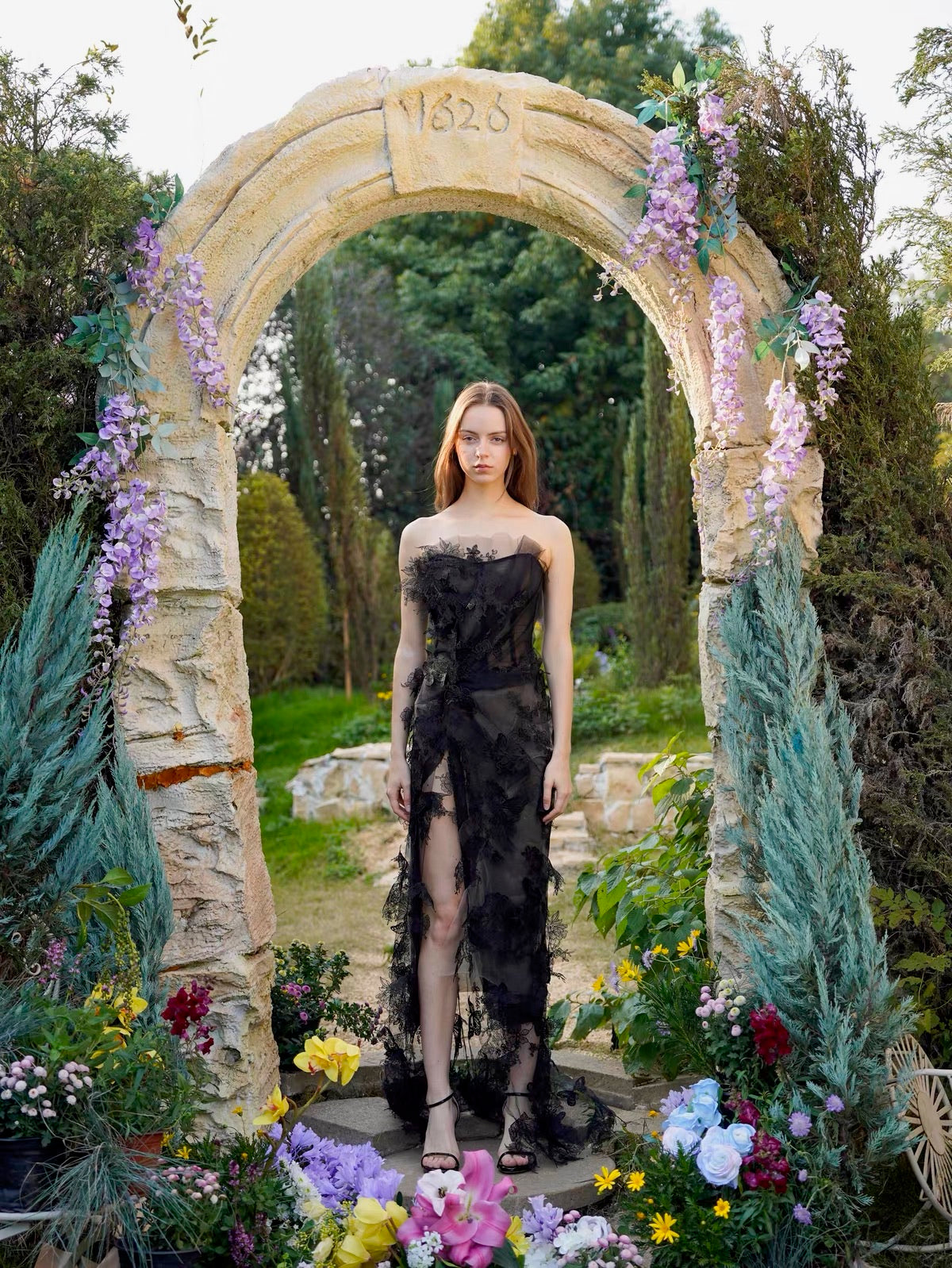 Black Strapless 3D Lace Slit Maxi Dress