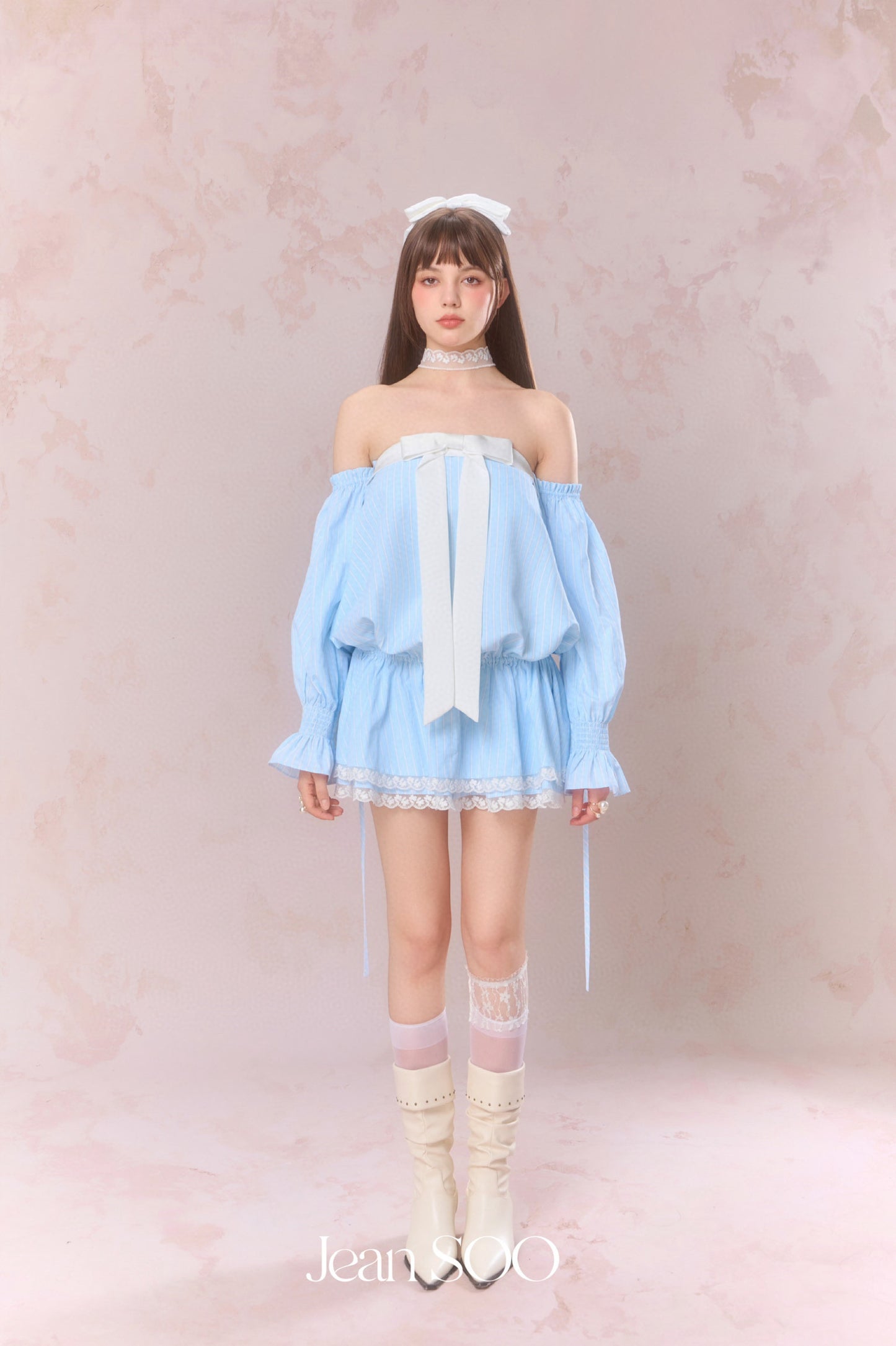 JEAN SOO Blue Studded Diamonds Strapless Low Waist Shirt Mini Dress