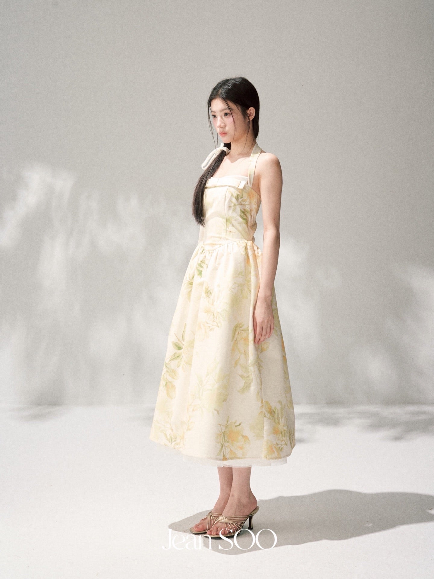 Yellow Ink Floral Halter Strapless Bow Swing Midi Dress