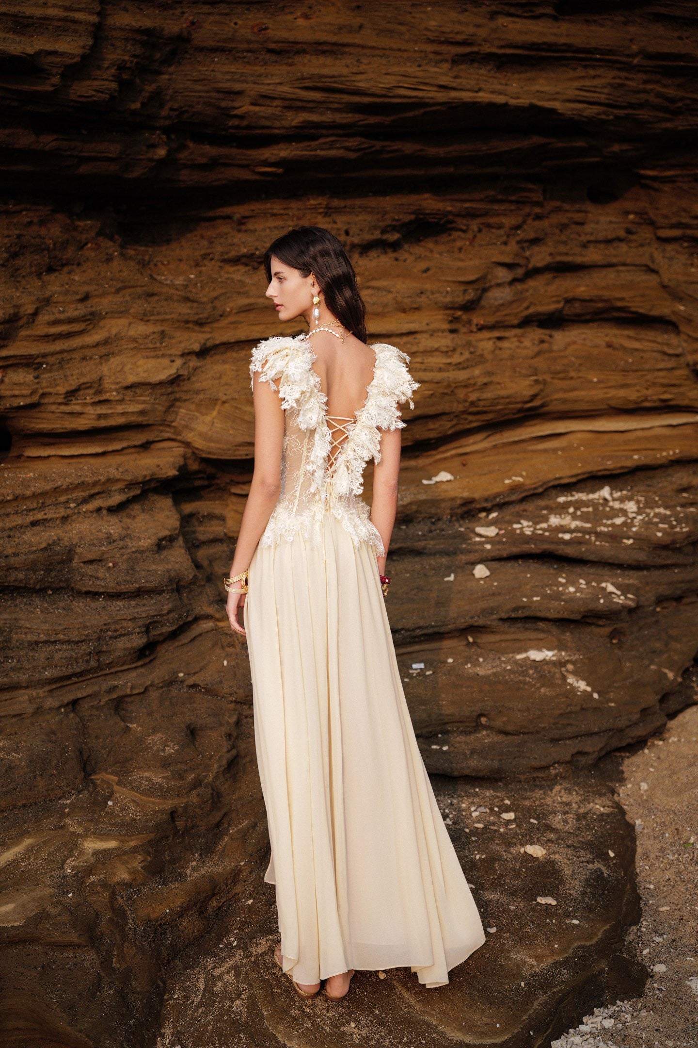 SHEERLUCK Floral Vacation Brown Muse Multi-layered Lace Panel Maxi Dress