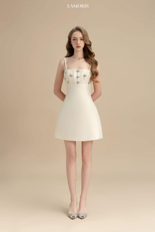 LAMORIS White Pearl Stones Mini Dress