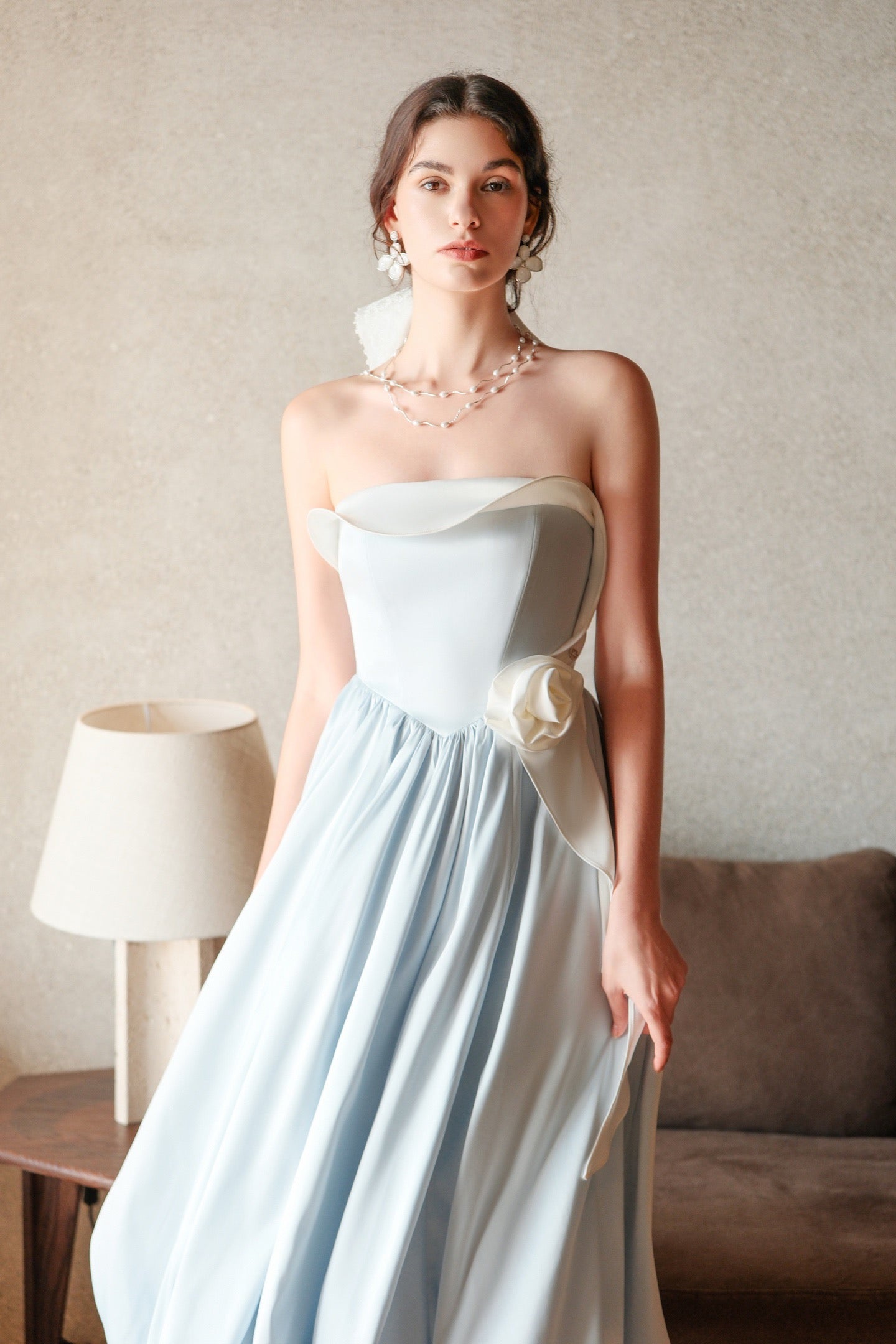 SHEERLUCK Sweet Vacation Blue Bloom Satin-Print Resort-Style Floral Balloon Midi Dress
