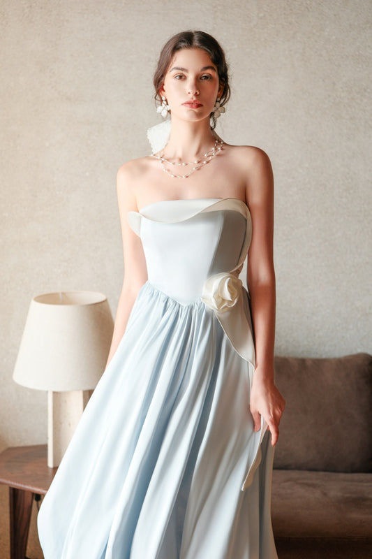 SHEERLUCK Sweet Vacation Blue Bloom Satin-Print Resort-Style Floral Balloon Midi Dress