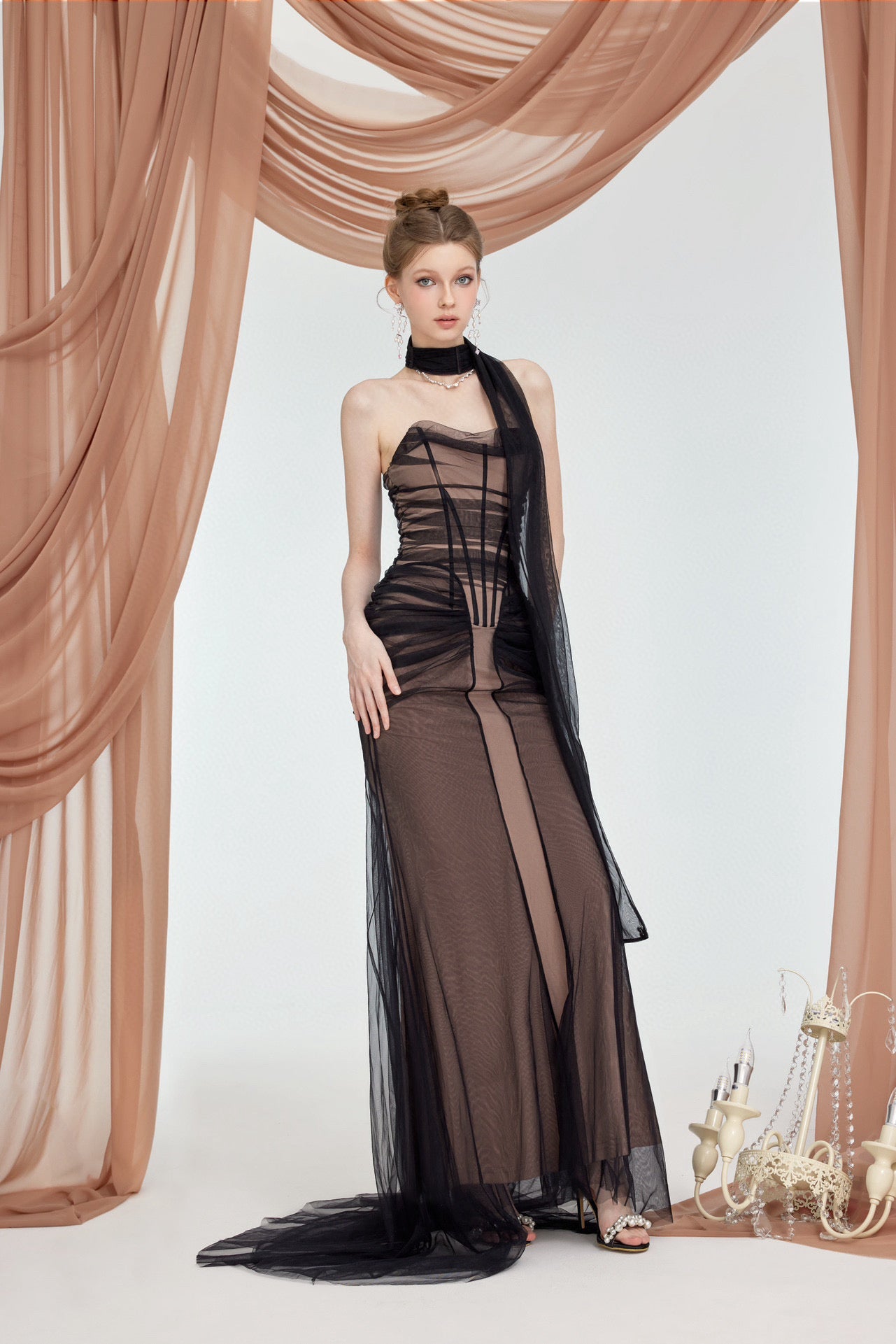 SHEERLUCK NUDE & BLACK MAXI VACATION DRESS