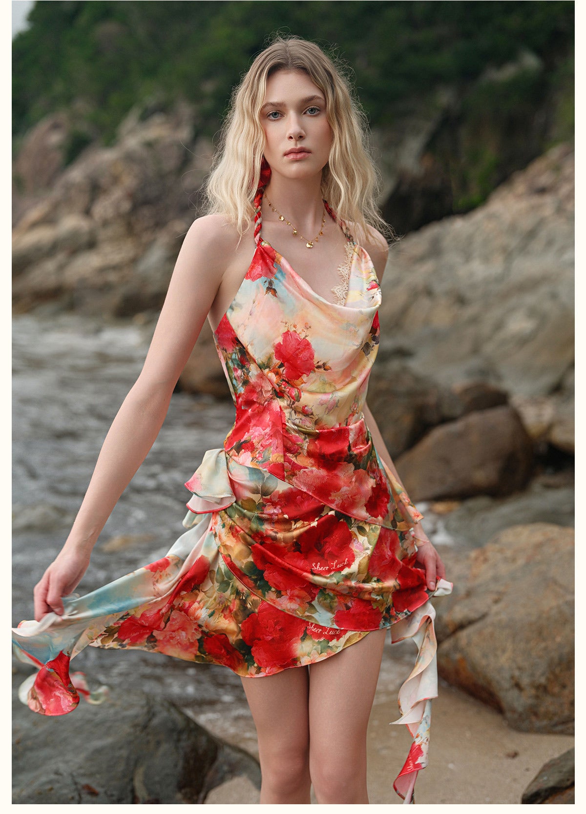 Sheerluck Elegant Vacation Floral Falla Off-the-shoulder Top & Skirt