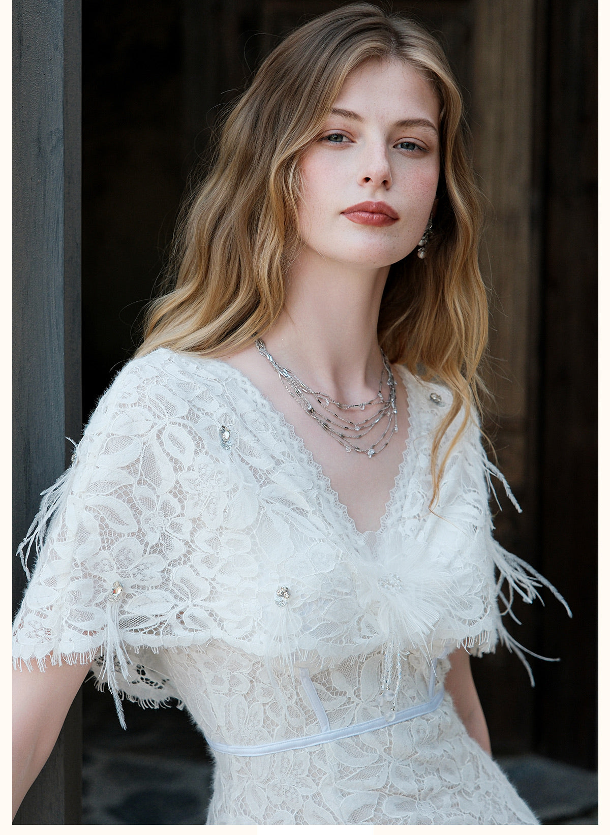 SHEERLUCK Pink V-Neck Lace Shawl-Trimmed Strapless Maxi Dress