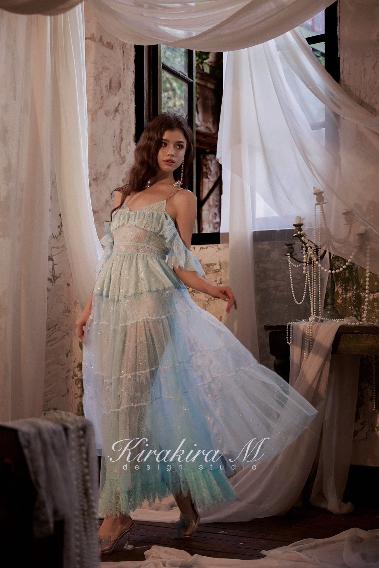 KIRAKIRA M Blue Diamond Embellished Feather Lace Extra Maxi Dress + Bottoms (Slightly Sheer)