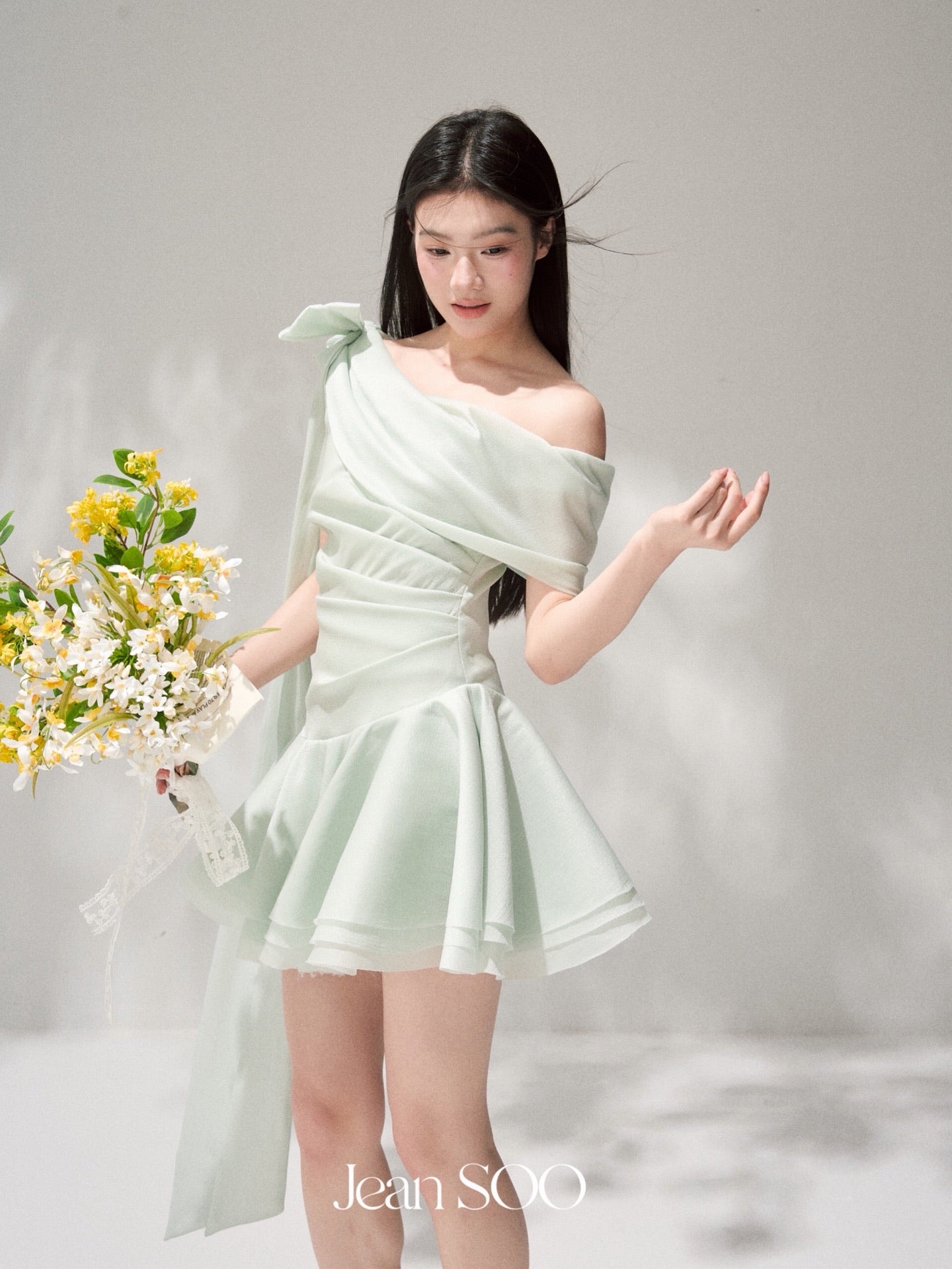 JEAN SOO Sweet Vacation Pink Satin Slopeing Shoulder Mini Dress
