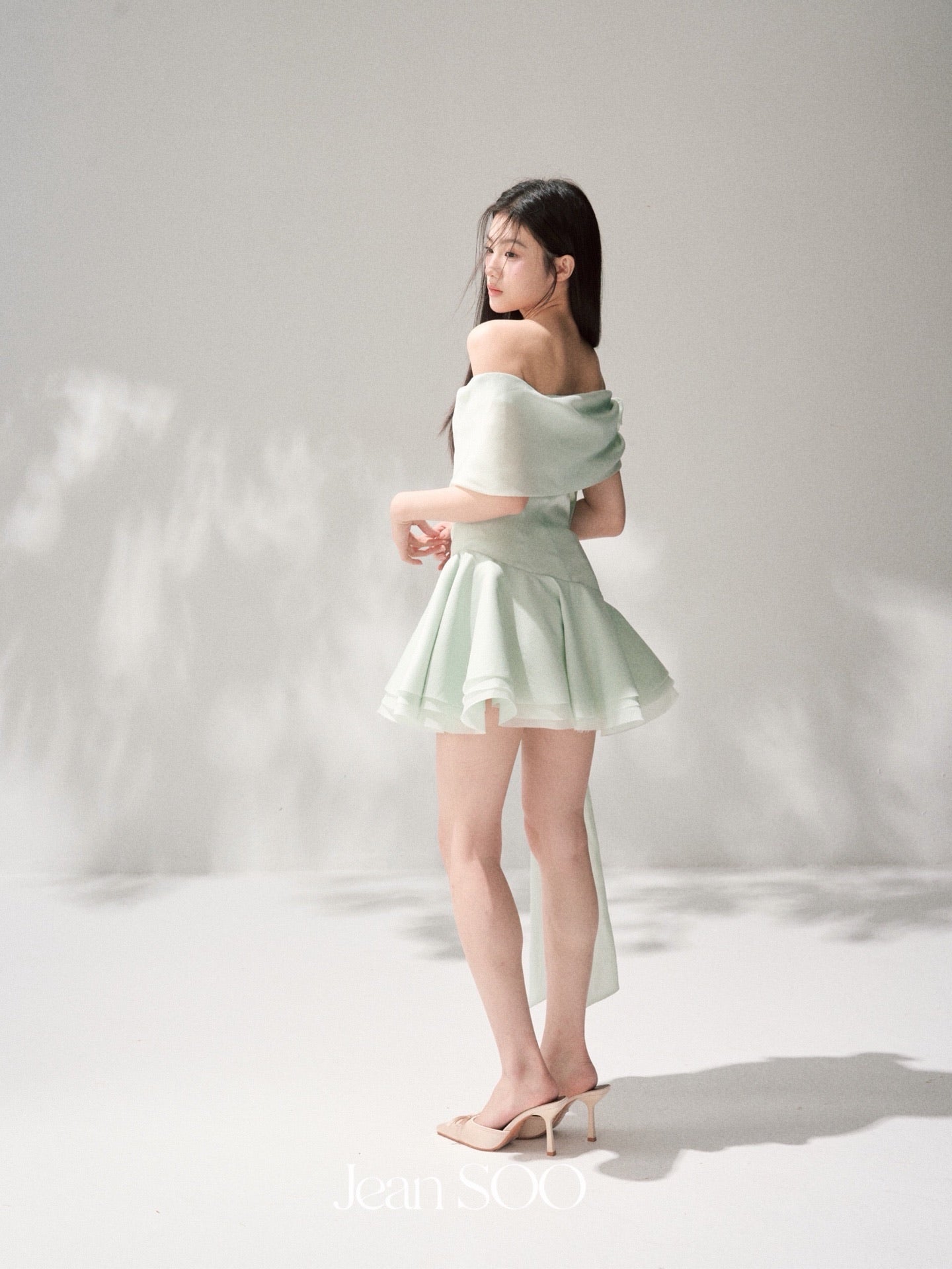 JEAN SOO Sweet Vacation Pink Satin Slopeing Shoulder Mini Dress