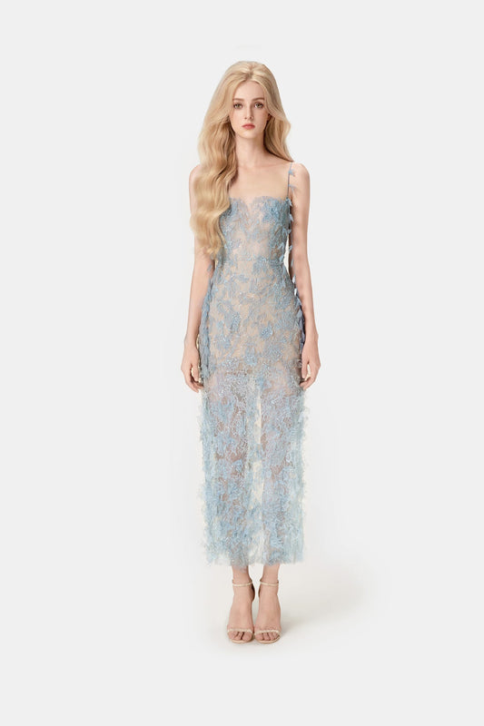 MONTSAND Blue Beaded Lace Pencil Dress