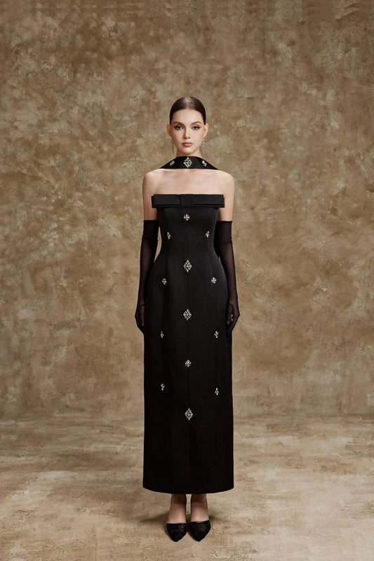 Black Strapless Corset Crystal-Flower Pencil Serena Midi Dress