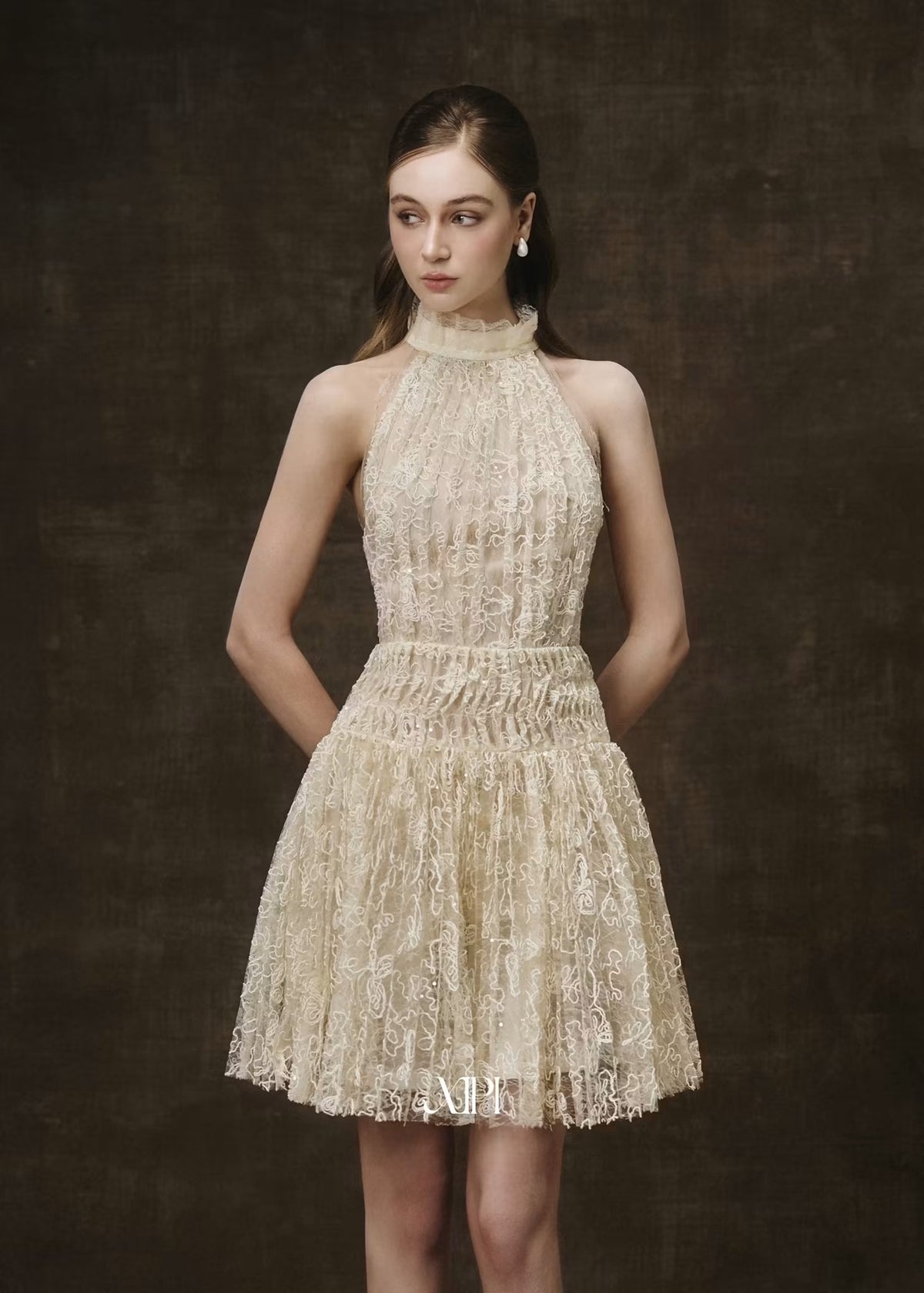 Cream Pleated Halter-neck Lace Narce Midi Dress