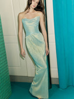 AMUSEE MOI WEEKEND Elegant Formal Blue Gold Floating Island Maxi Dress