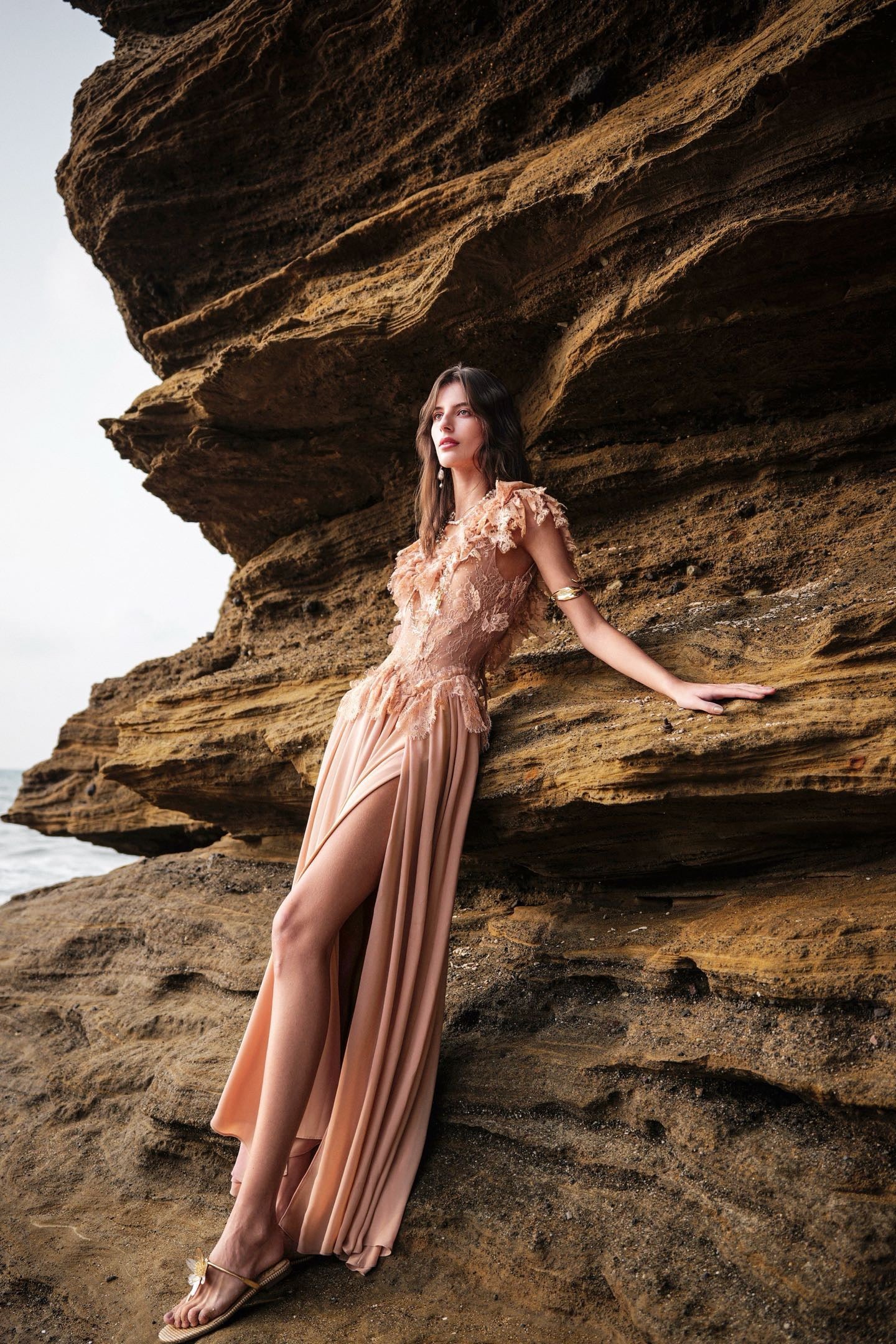 SHEERLUCK Floral Vacation Brown Muse Multi-layered Lace Panel Maxi Dress
