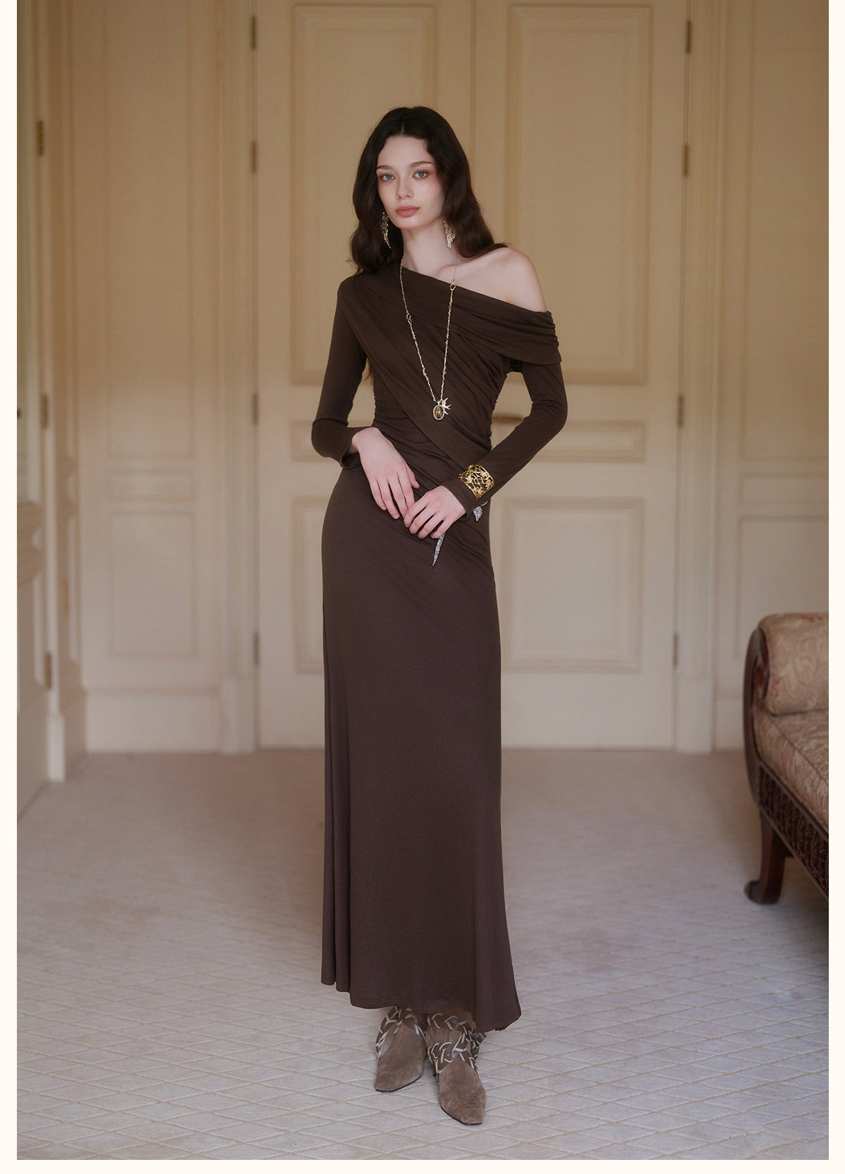 Brown Off-Shoulder Cross-Drape Long-Sleeve Knit Gown Midi Dress