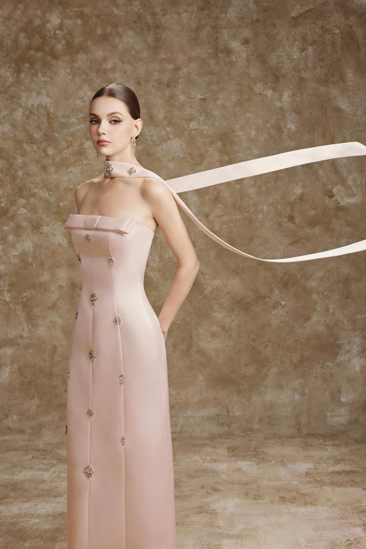 Pink Halter-Band Strapless Corset Crystal-Flower Pencil Maxi Dress With Scarf