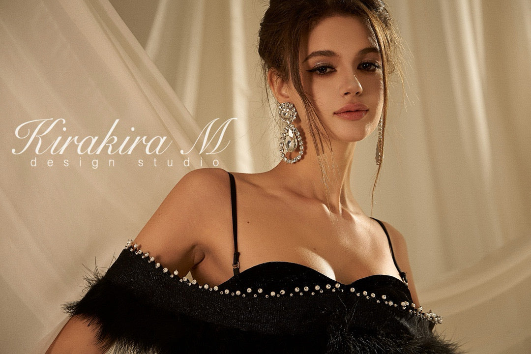 KIRAKIRA M Black velvet off shoulder mini dress with feather deatail