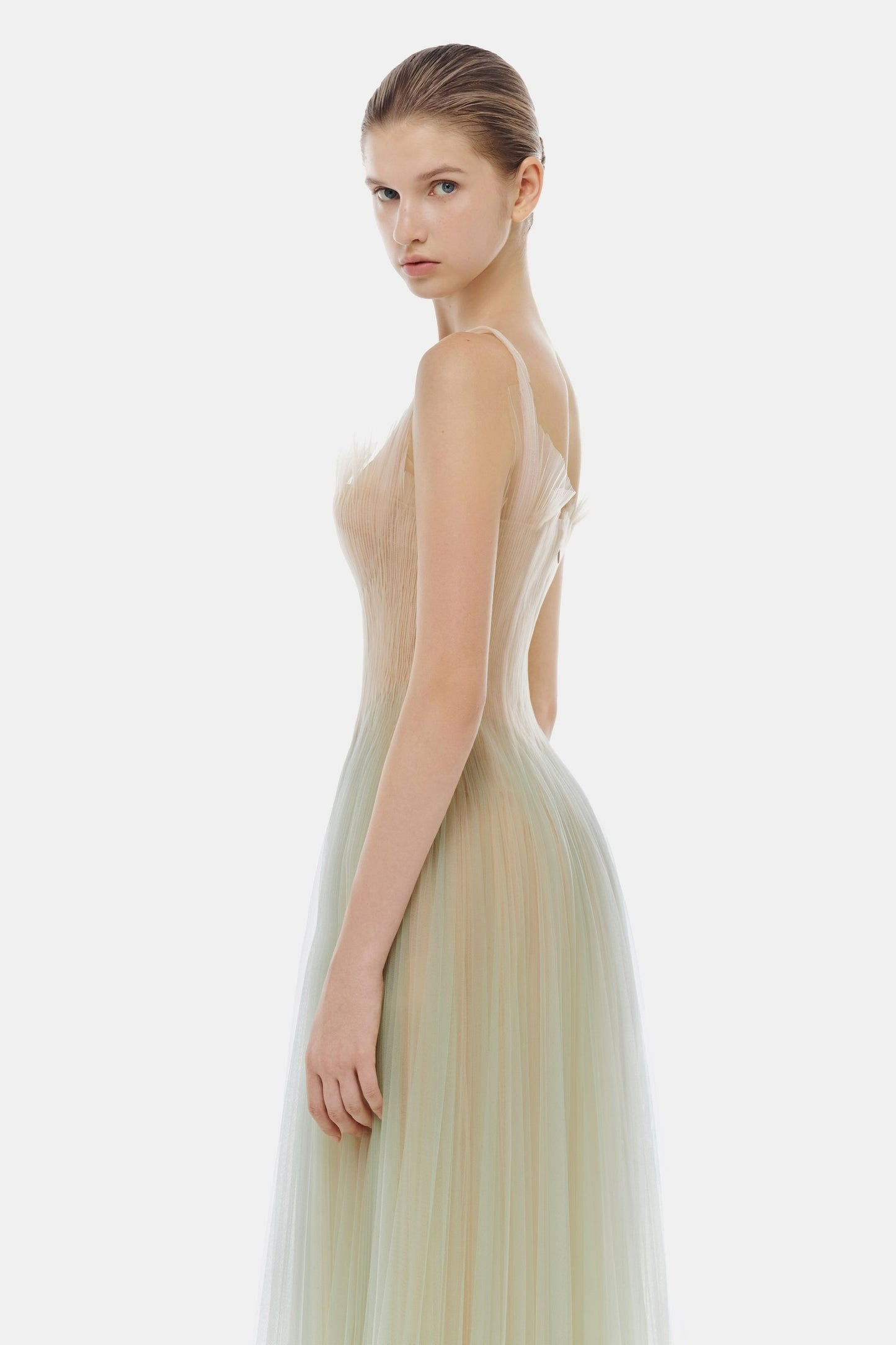 MONTSAND Green Corset Tulle Maxi Dress