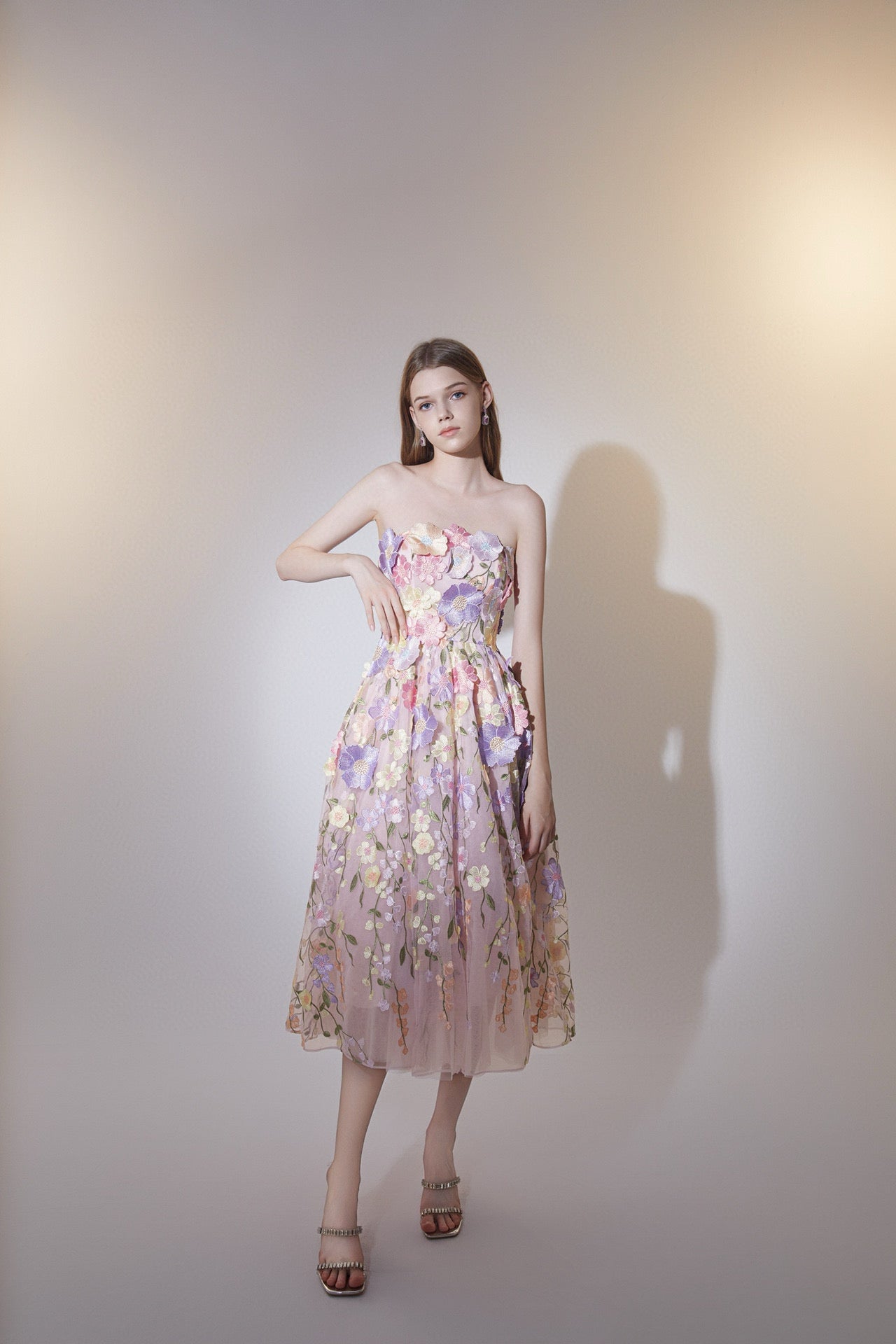 WARDROBE BY CHEN Pink mutlicolour flower midi dress