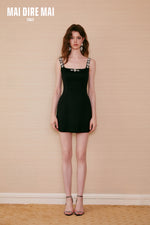 Black Square Neck Crystal Fitted Mini Dress