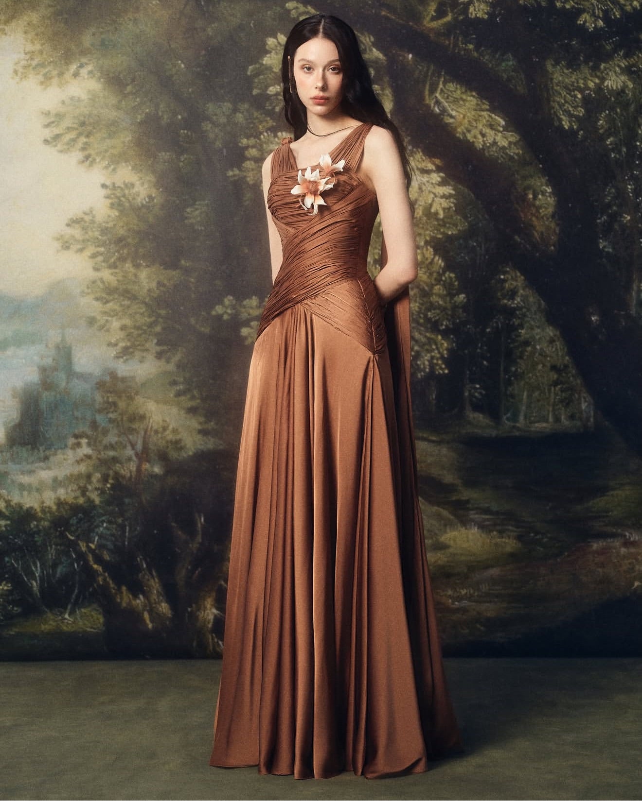 LINHPHUNG Brown Ambriel Floral Pleated Maxi Dress